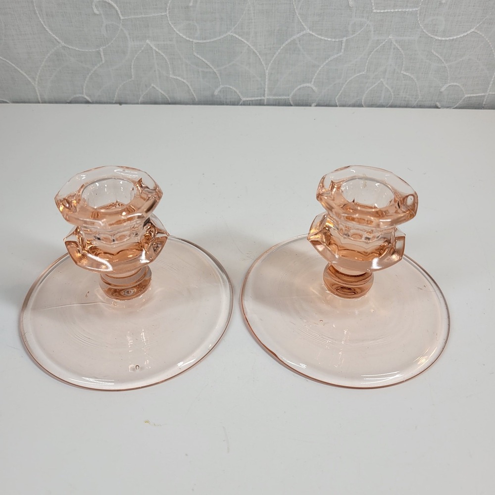 Vintage Pink Depression Glass Candlestick 3.25" Etched Home Decor Candle Holder